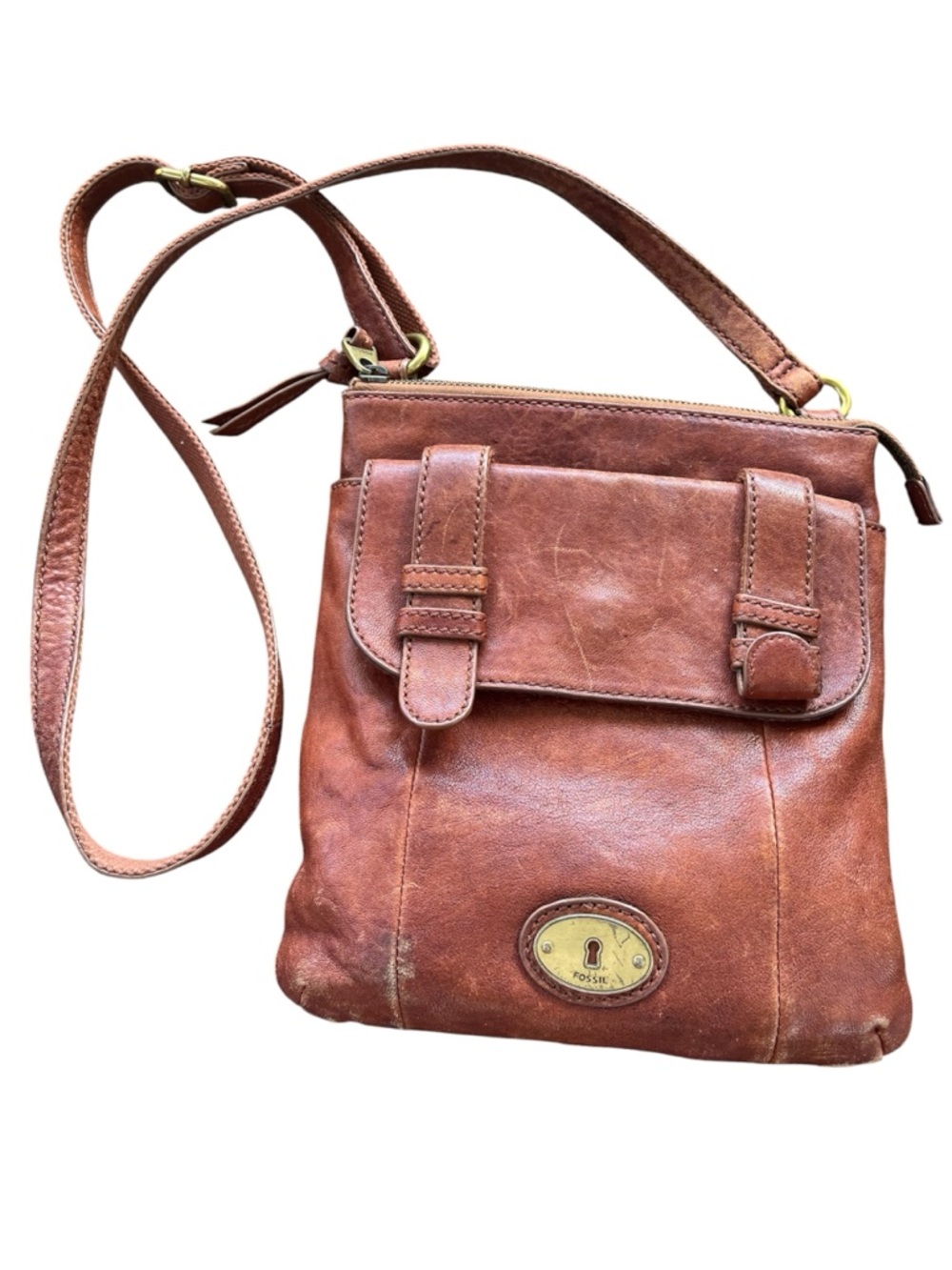 Fossil Vintage Tan/Brown Leather Crossbody with Front Flap Pocket  Zipper Close